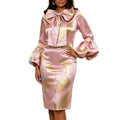 New satin printed bow collar puff sleeve dress - slim fit, waist-defining, slimming party evening gown