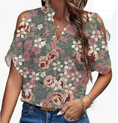Amazon fashion cross-border women's clothing 2024 summer new print v-neck elegant fashion off-shoulder sleeve women's top