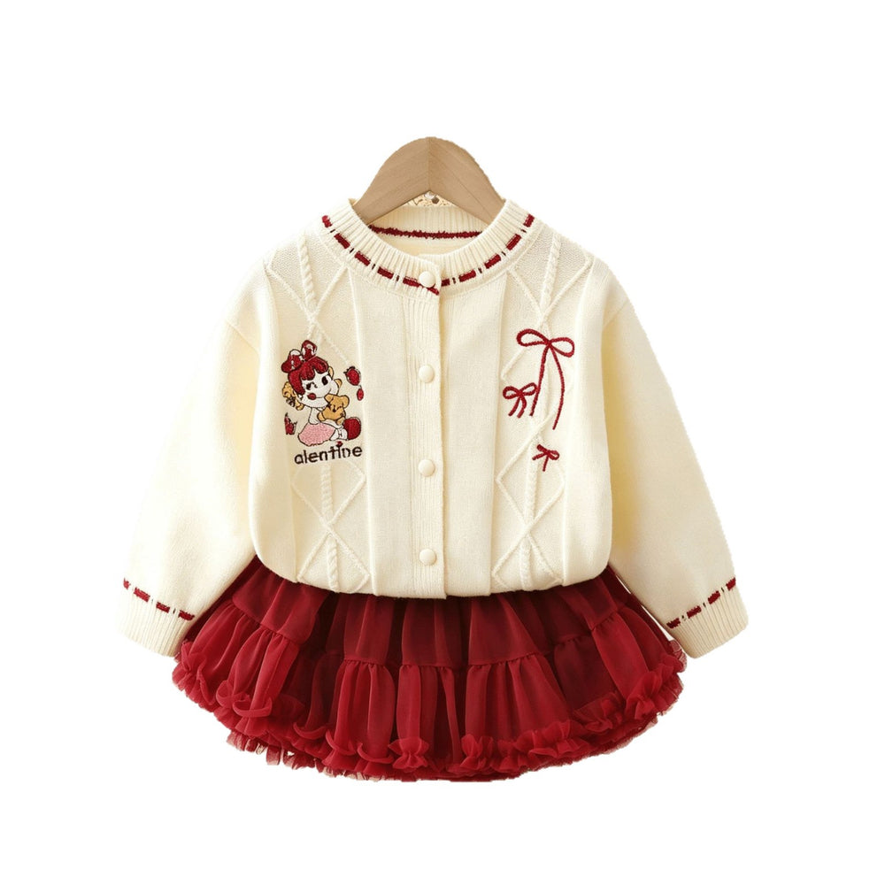 Girls' fall/winter outfit: new knitted cardigan and princess tutu skirt set for little girls - stylish two-piece set with mesh overlay
