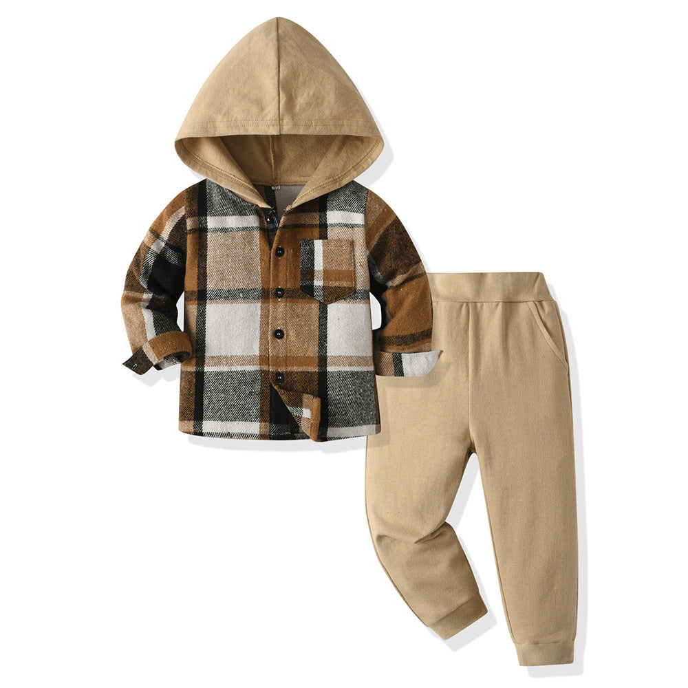 New arrival cross-border children's plaidshirtlong sleeves hoodie cotton boys spring suit boys spring children's clothing