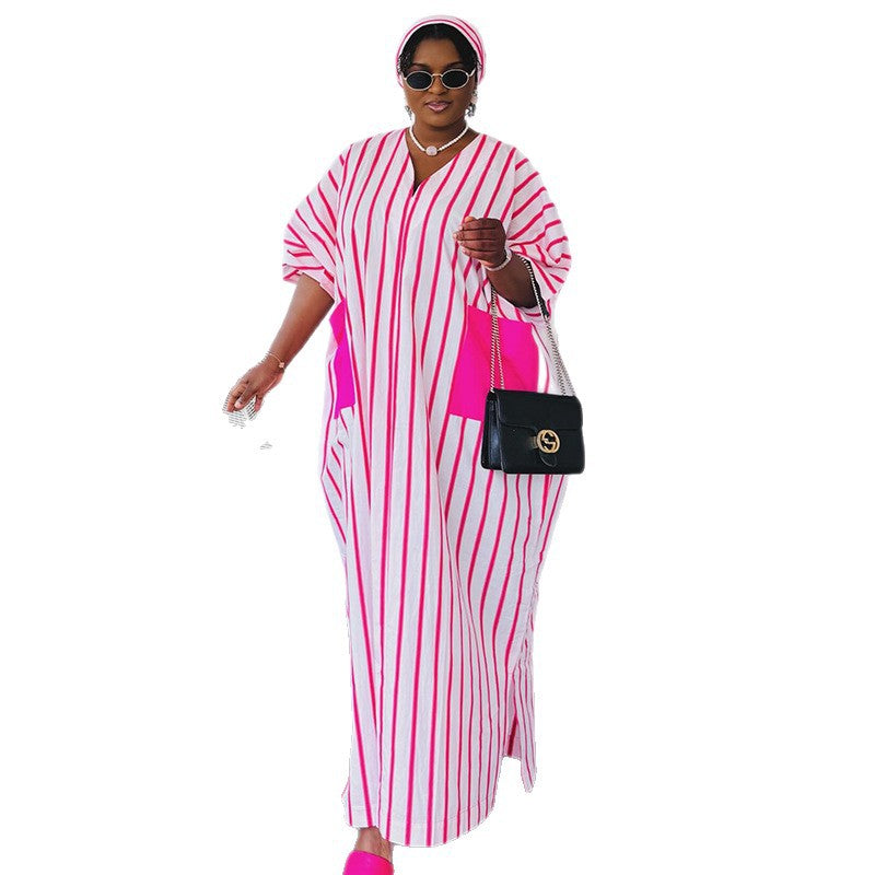 European and american cross-border women's fashion:  autumn/winter v-neck pink striped short-sleeve loose fit long plus size dress
