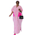 European and american cross-border women's fashion:  autumn/winter v-neck pink striped short-sleeve loose fit long plus size dress