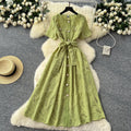 Summer frenchretroheavy industrycut outembroiderround neck waist short sleeve dress women's slimming look single breasted long skirt