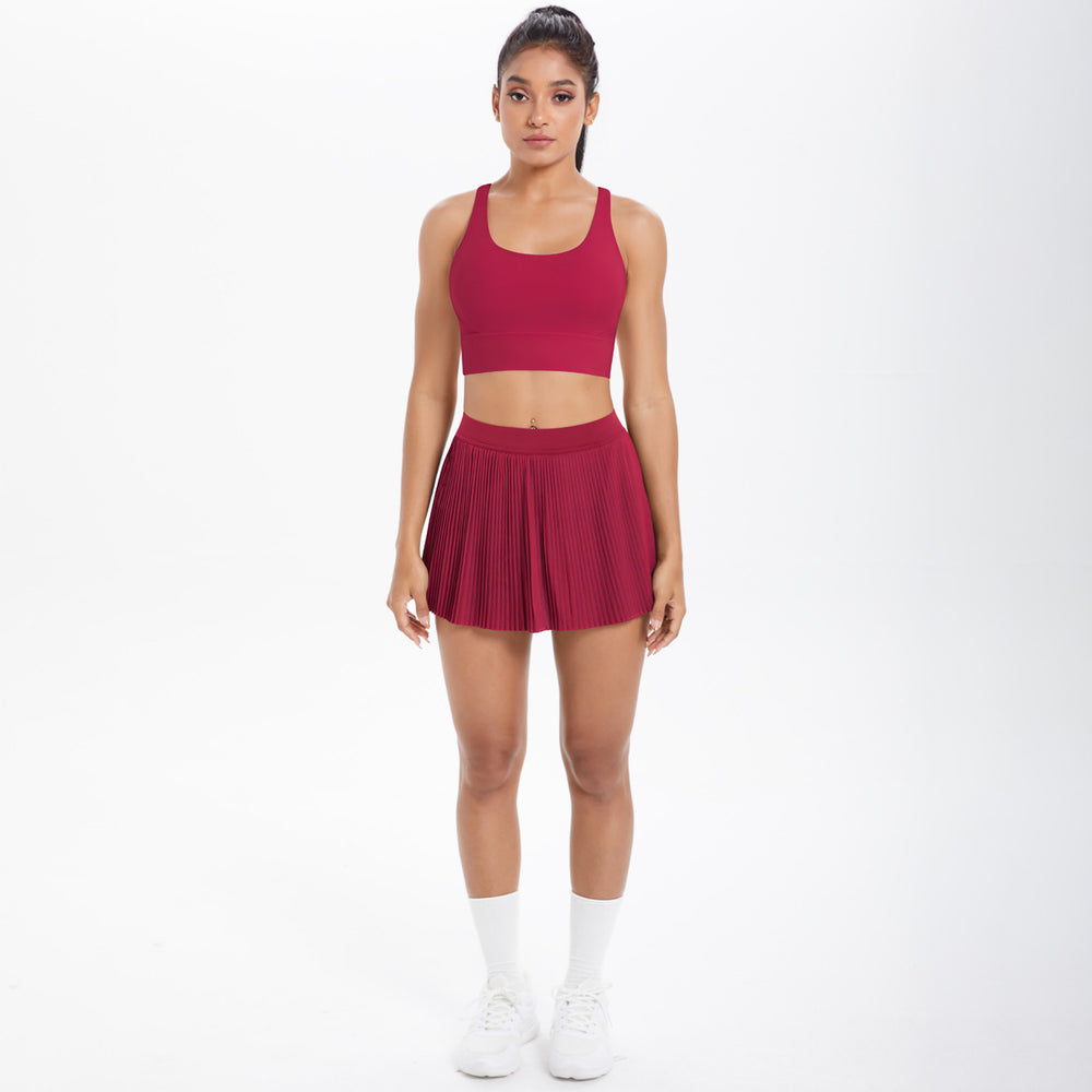 Cloud-feel quick-dry breathable anti-exposure undershirt tennis pleated skirt sports bra set for women's running, fitness, and yoga