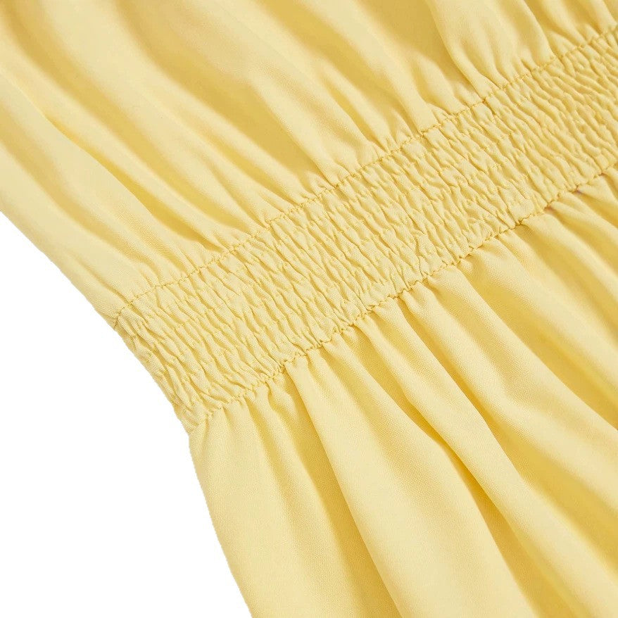 new european and american style cream yellow square neck sleeveless dress with pearl button detail, cinched waist, and pleated midi skirt
