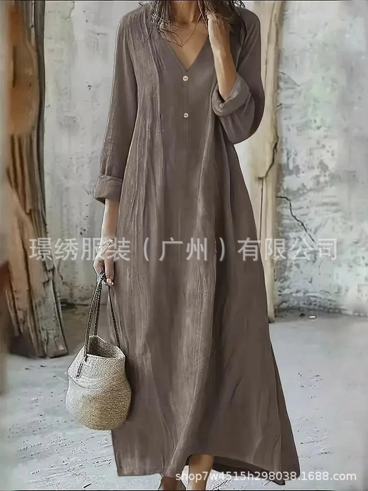 New arrival: cross-border  women's cotton linen v-neck maxi dress - fashionable, casual, long sleeve, button-down, loose fit