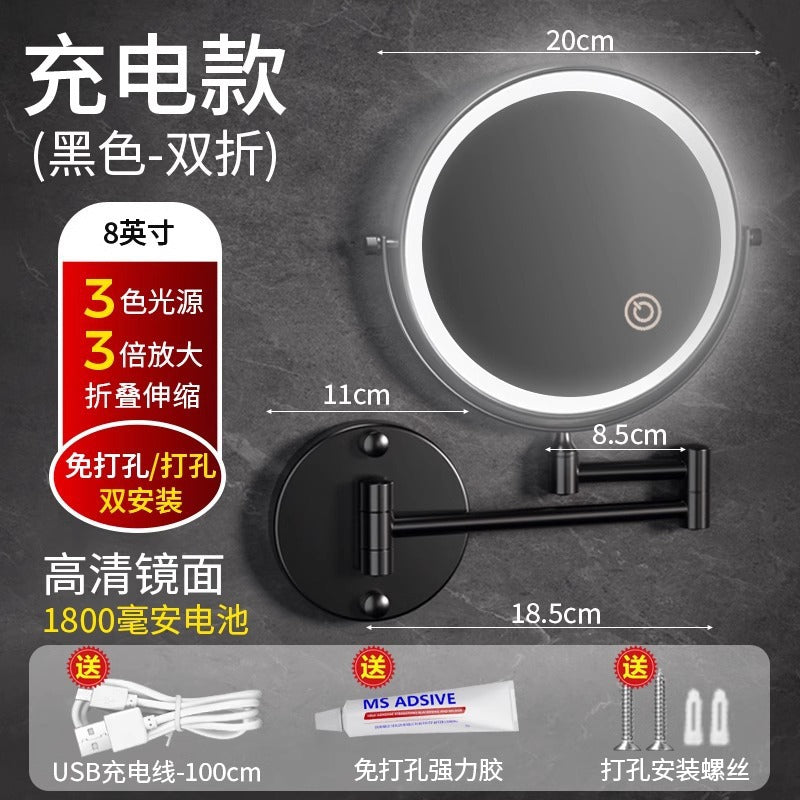 Toilet mirror folding non-punching hotel bathroom cosmetic mirror wall hanging telescopic double-sided LED beauty mirror with lamp