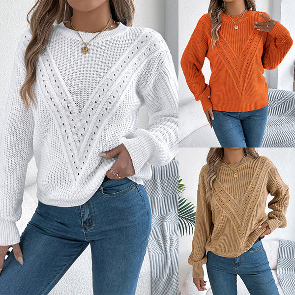Real shot 2025 autumn and winter casual solid color V-shaped hollow lantern sleeve pullover sweater, independent station  European and American women's clothing