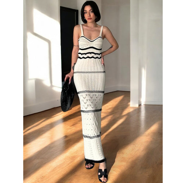 Summer new bohemian hollowed-out perspective suspender dress women's slim-fit knitted long dress split-ended harpoon tail skirt