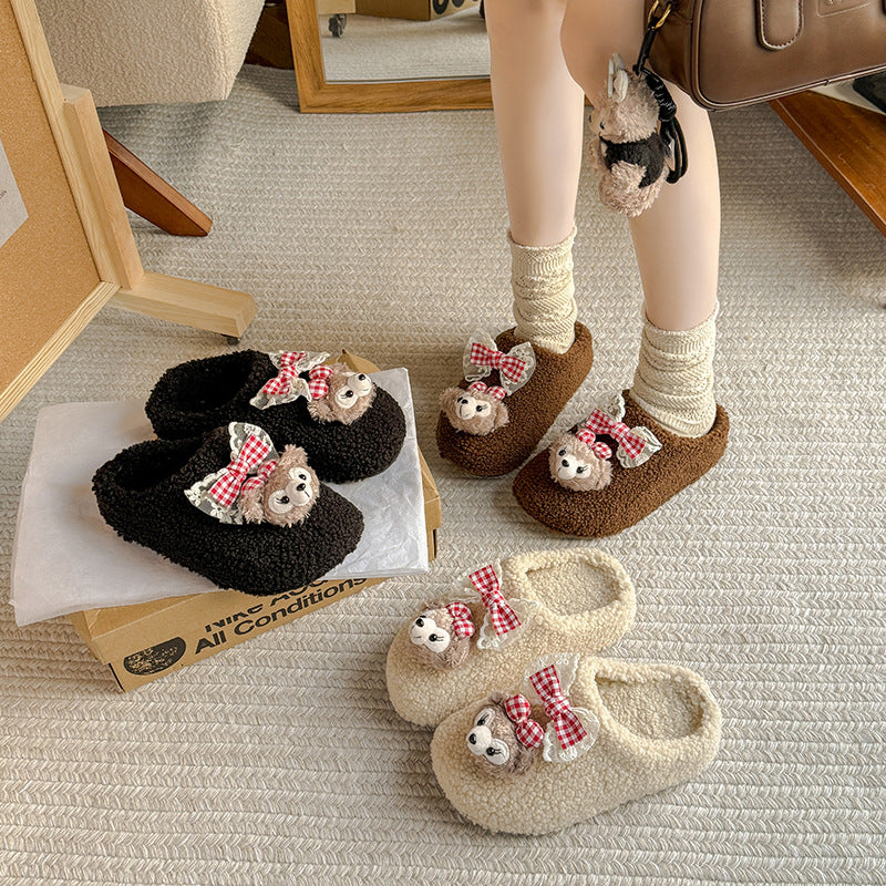 Cotton slippers women's autumn wintercute shirley rose bear outwearthick sole home non-slipfleece-linedheattech confinement shoes