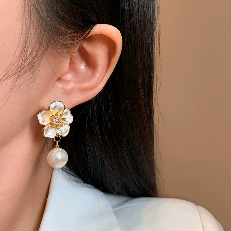 Vintage hong kong style french chic elegant white floral pearl earrings - 925 sterling silver posts - statement earrings
