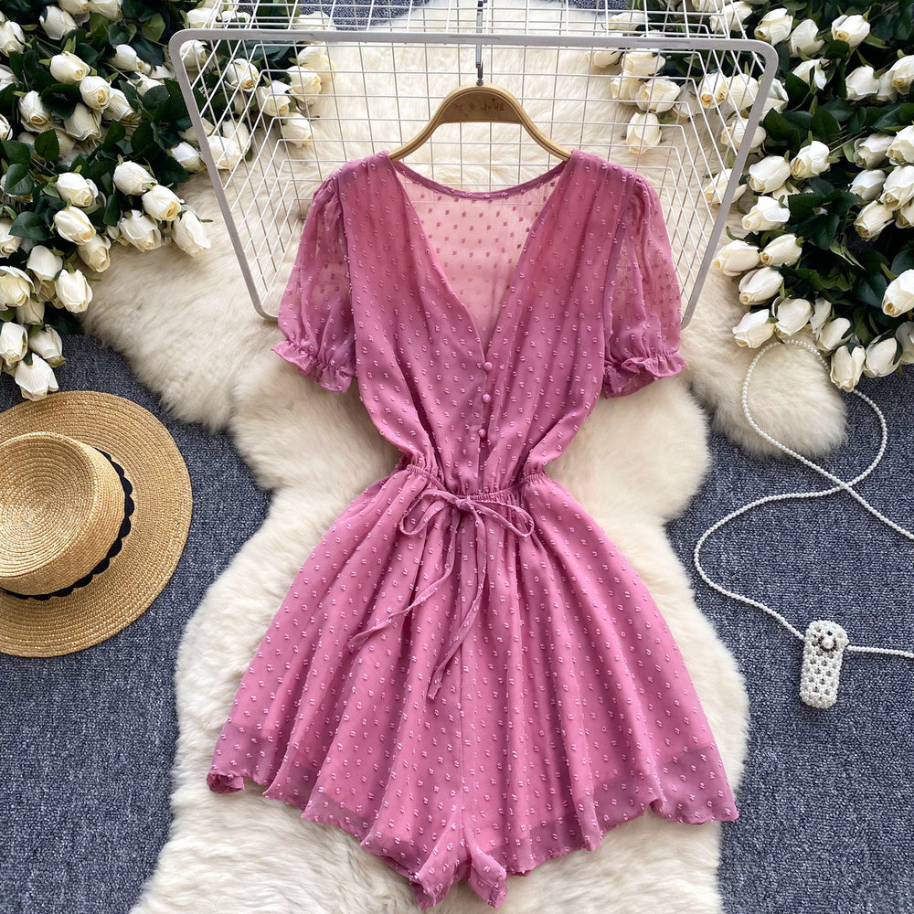 Women's jumpsuit beach vacation shorts summer new v-neck puff sleeve tie-waist versatile wide-leg shorts