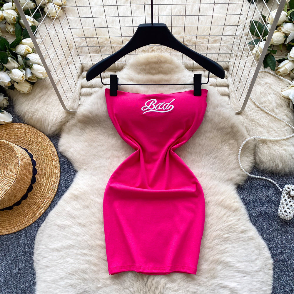 K-style lazy style sleeveless red a-line dress women's summerembroider waist silmslimming lookwork clothingelegant skirt