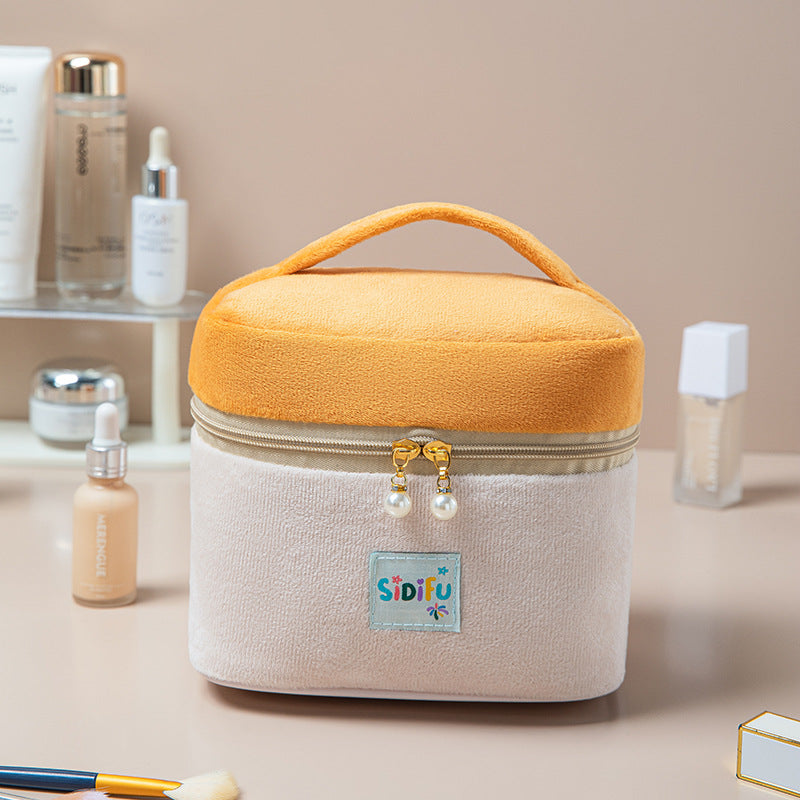 Stiff Contrast Color Cosmetic Bag Flannel Portable Storage Bag Travel Portable Wash Bag Large Capacity Partition Storage Bag