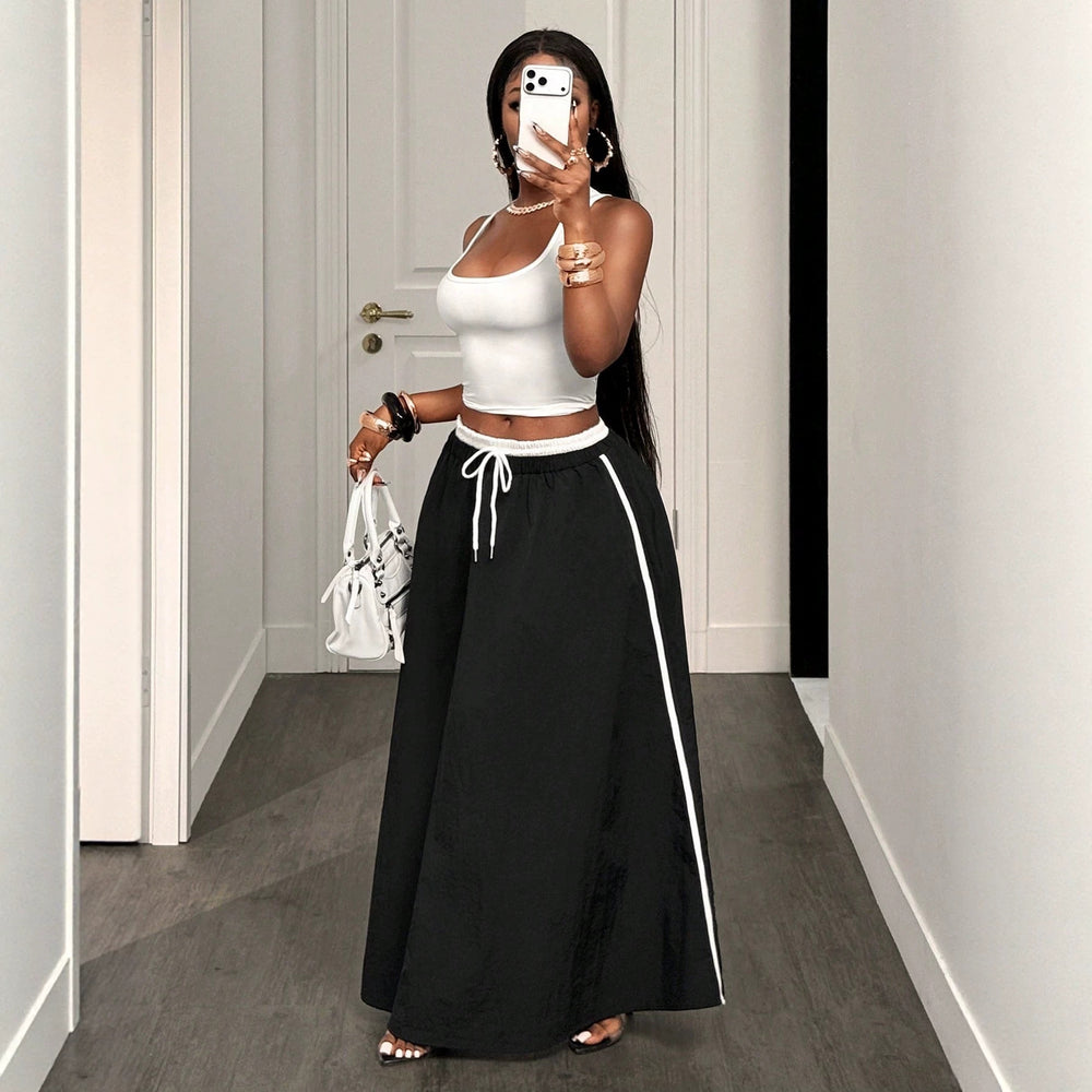 American spring and summer high waistslimming look quick-drying drawstring casual skirt workwearloose long skirt easiest for match