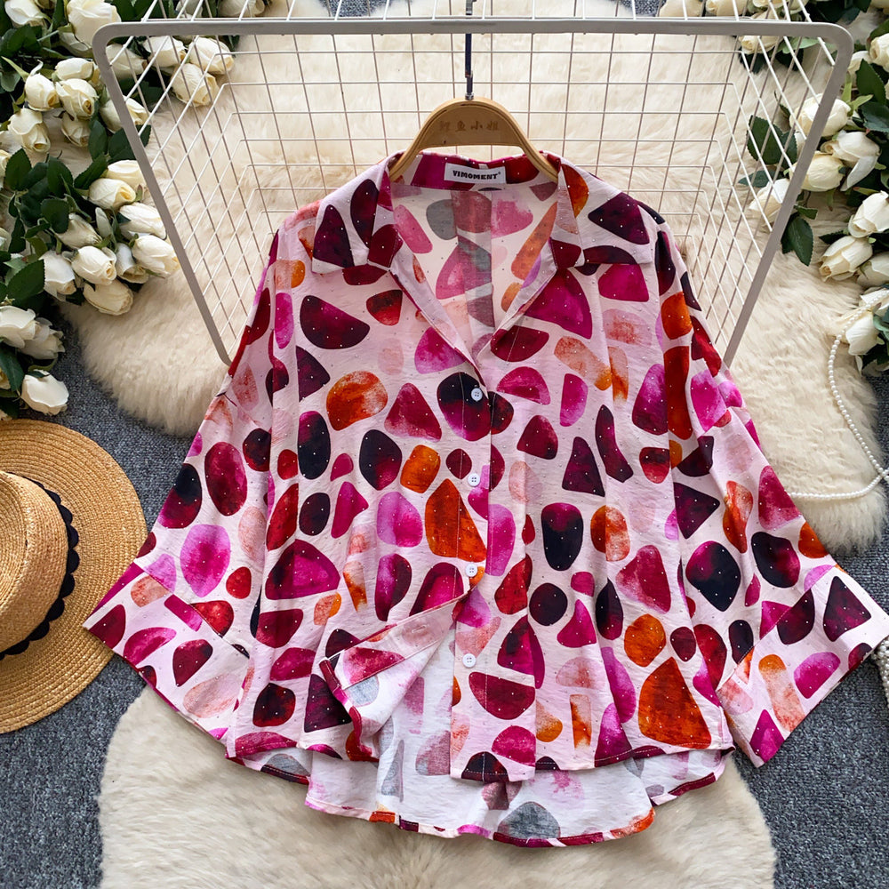Korean style commute chic colorful geometric print long sleeve shirt - women's summer breathable, skin-friendly, loose fit cardigan top