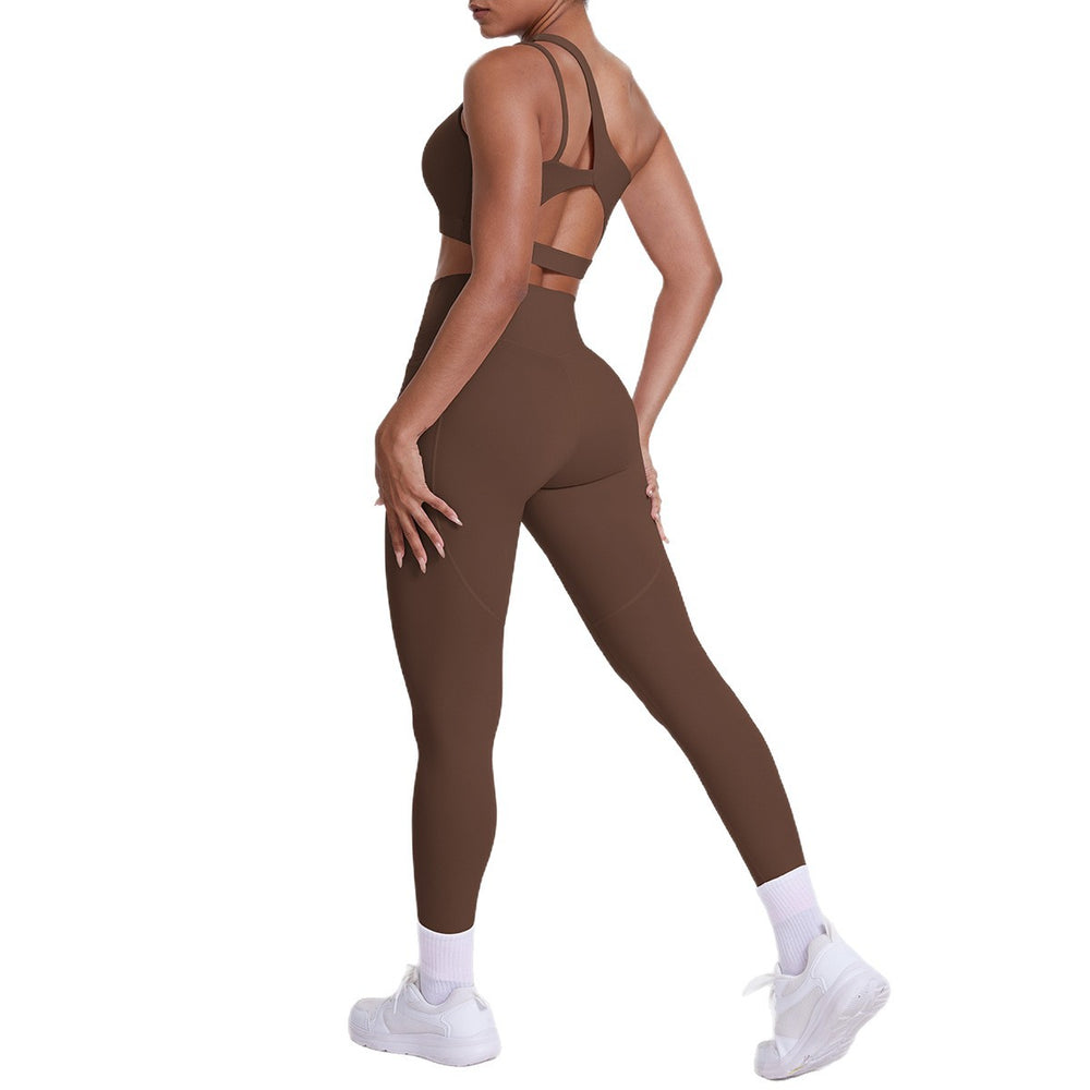 fashion double-sided brocade brushed single oblique shoulder yoga suit sports running fitness flap pocket pants pants two-piece set