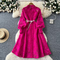 French retro court style heavy embroidered hollow-out round neck single-breasted lantern sleeve tie-waist elegant dress