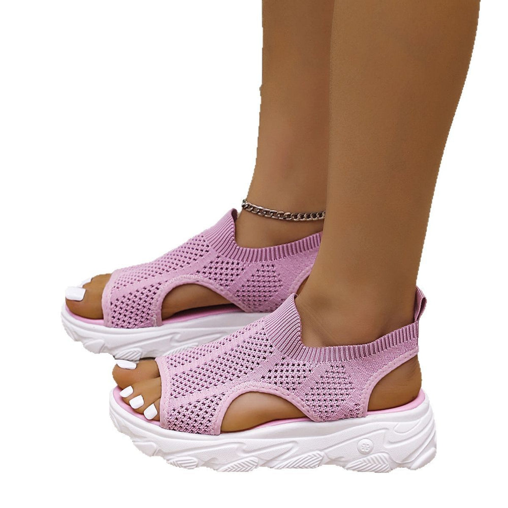 summer new thick-soled flyknit peep-toe sandals for women, european and american export, plus size, breathable beach sandals -