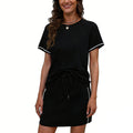 european and american cross-border women's round neck solid color raglan sleeve short sleeve drawstring mini skirt activewear set