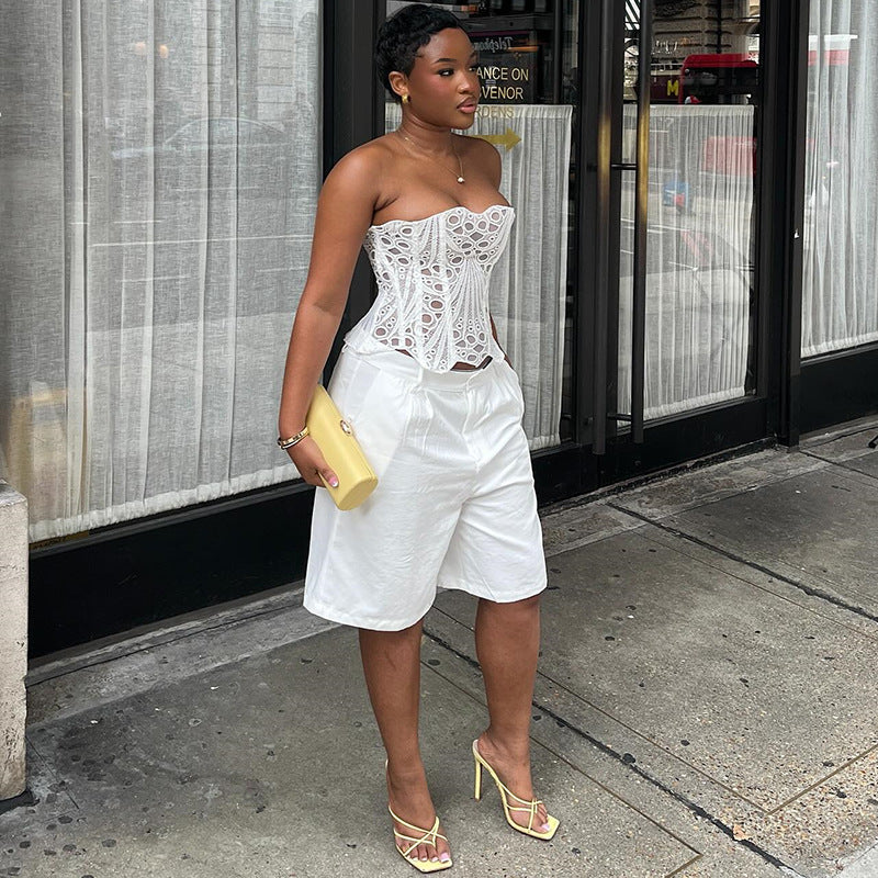 European and american cross-border women's fashion:  autumn new arrivals - irregular lace court style corset print shaping top