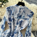 French chic elegant women's dress - designer ruffle trim, patchwork waist, slim fit, printed chiffon maxi dress