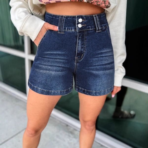 American retro dark blue low-rise denim shorts women's 2025 new summer spice girl tight hip-wrapped and thin hot pants
