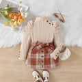 autumn new arrival: mock neck princess sleeve top + plaid skirt two-piece set