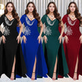 C7296 cross-border e-commerce european and american high-end sexy v-neck rhinestone-embellished long-sleeved slit mermaid dress with full skirt