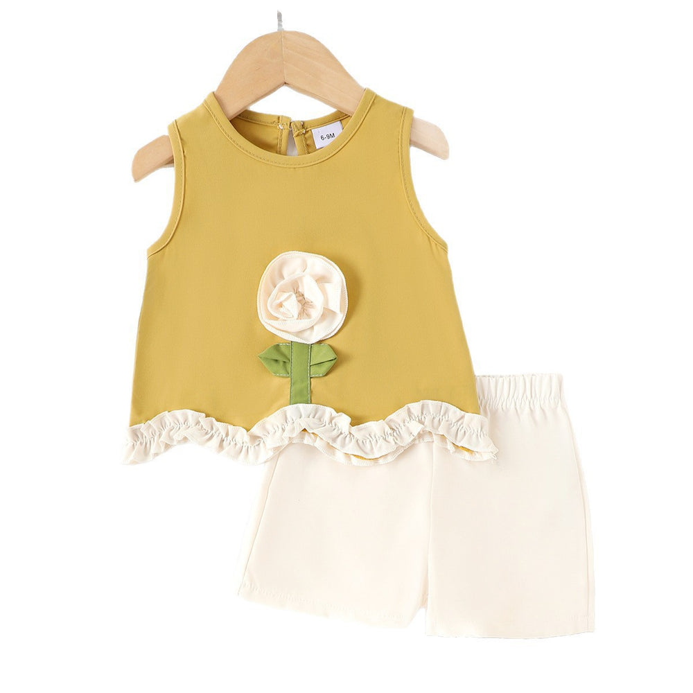 Girls'  summer new arrival: yellow 3d floral sleeveless high-end lace skirt and shorts two-piece set