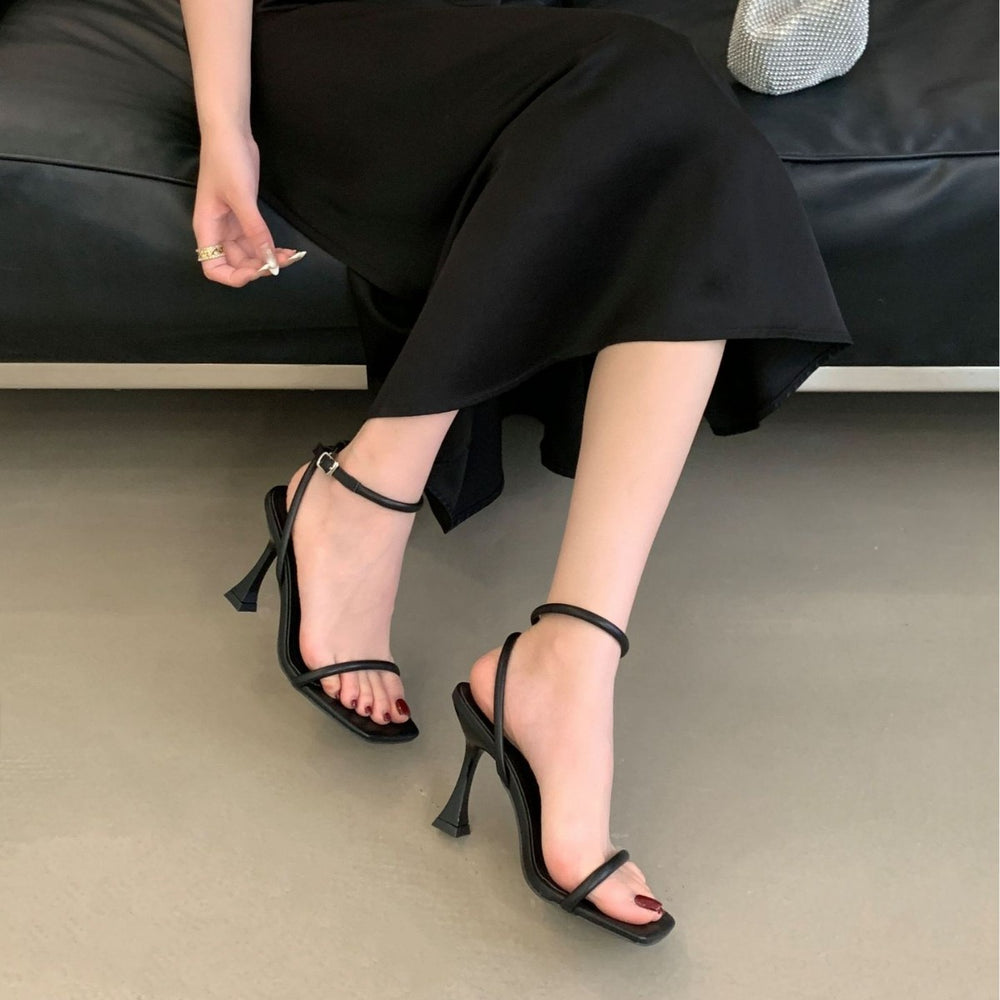 2025 summer french style square toe ankle strap stiletto heel sandals - solid color mid-heel women's shoes