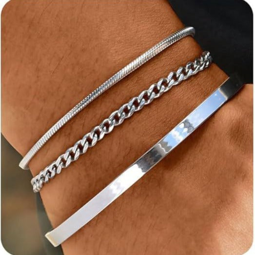 New fashion stackable cuff stainless steel bracelet 3-piece layered bangle snake chain cuban chain bracelet set