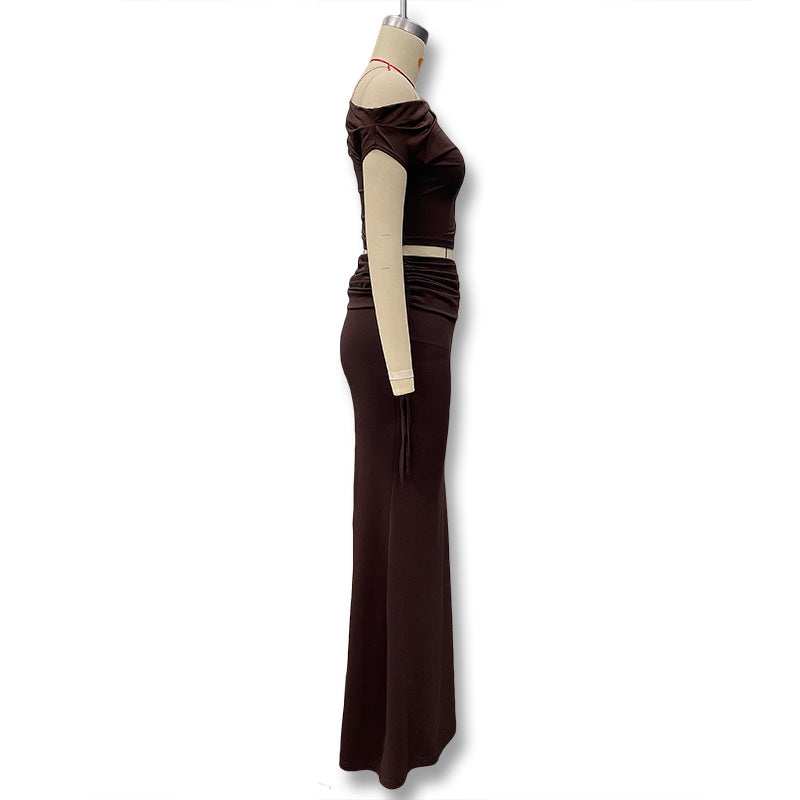 spring/summer new arrivals: european & american style women's solid color tie-up one-shoulder top and slit midi skirt set
