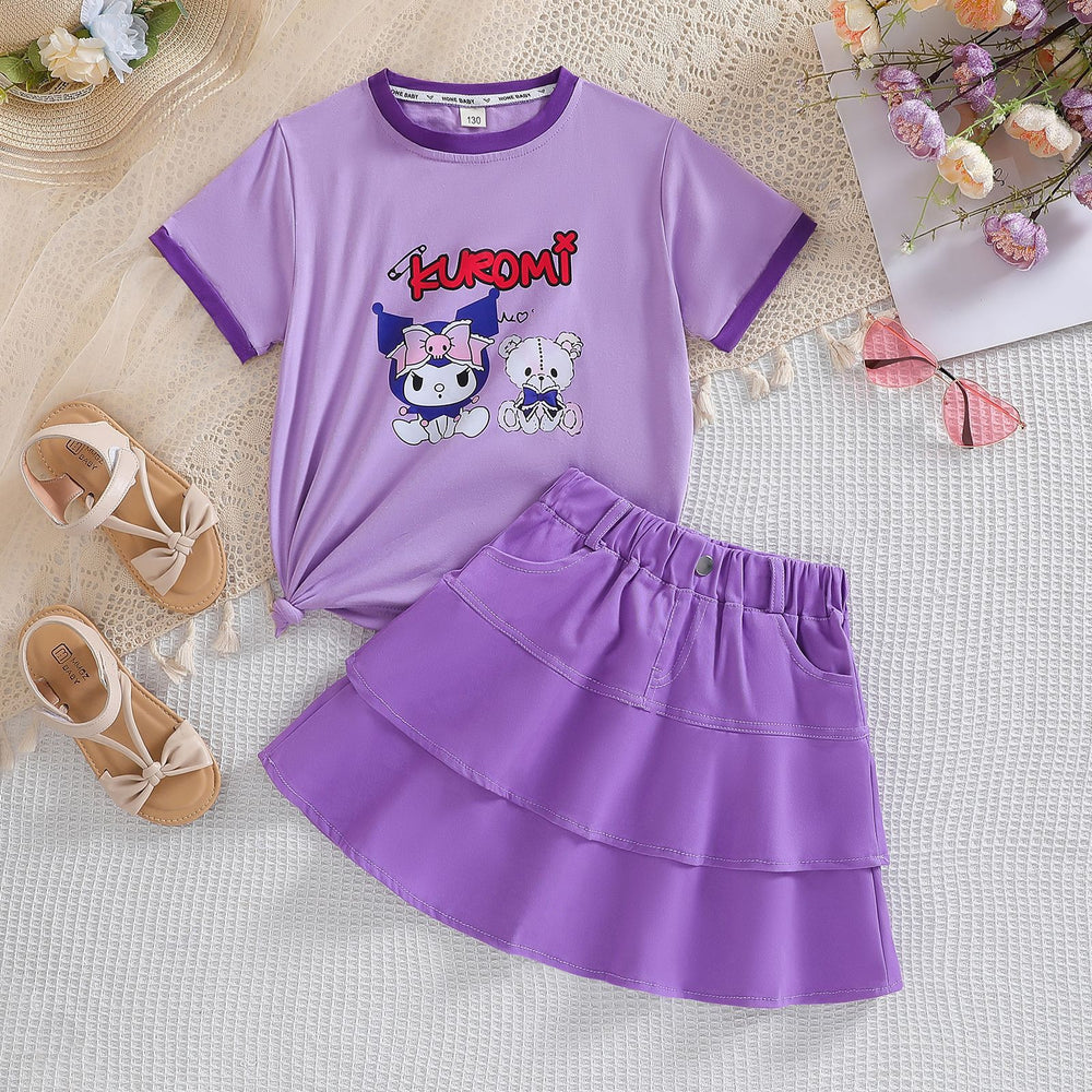 Girls' summer dress short-sleeve skirt set  new trendy popular kuromi children's skirt two-piece outfit