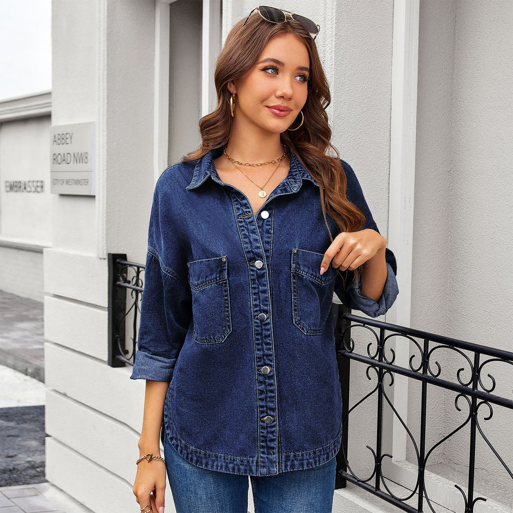 European and american cross-border e-commerce  new arrival washed vintage loose casual early autumn new slit denim shirt for women
