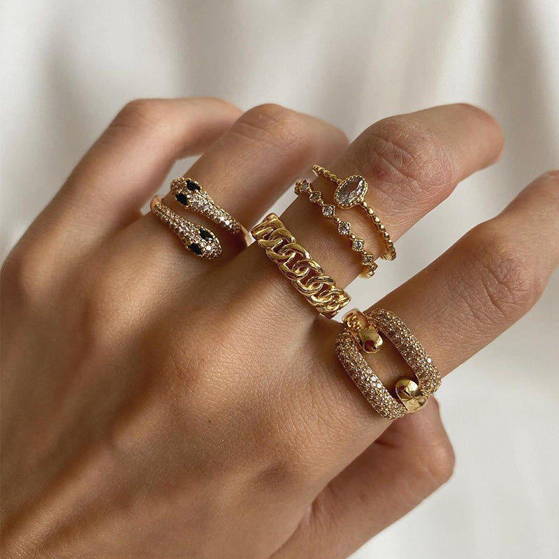 Ins style alloy ring wholesale cross-border niche accessible luxury jewelry snake-shaped stacked ring set diamond-encrusted women's ring