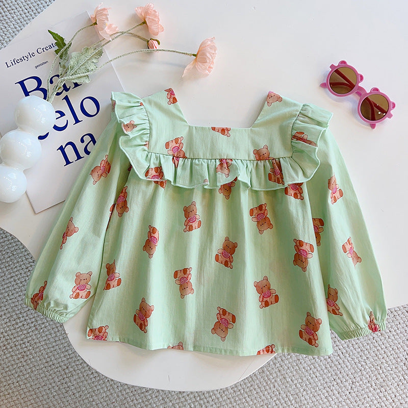 Kids'  autumn new arrival: stylish long-sleeve korean style cotton shirt for girls - sweet and chic square neck