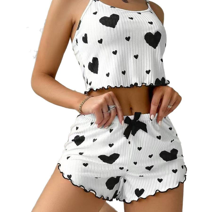 New european and american ribbed knit heart print cami and shorts set - sweet, casual, and perfect for loungewear or light outings