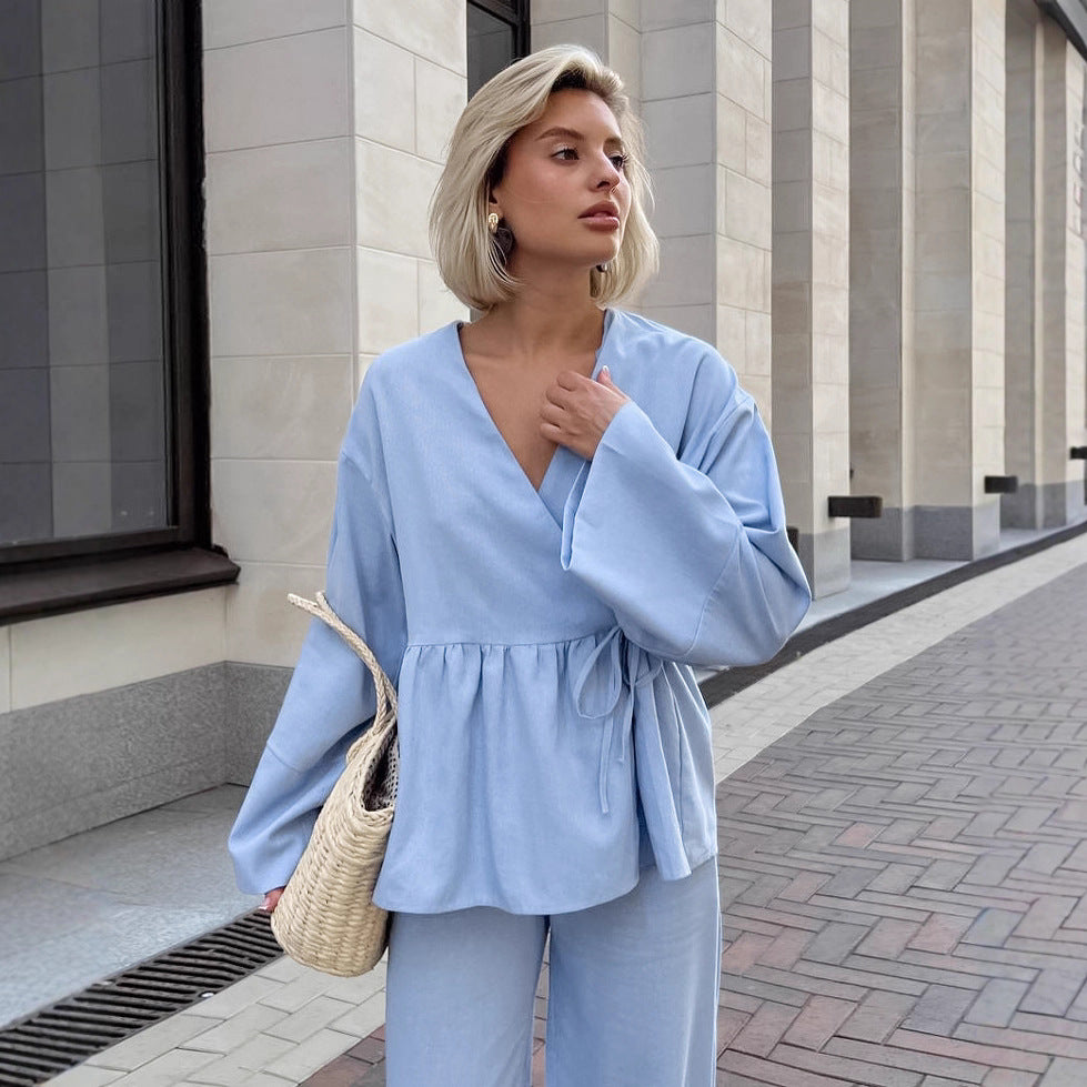 European and American elegant pure cotton v-neck lace-up cardigan top trousers two-piece set women's autumn loose fashion suit women's clothing