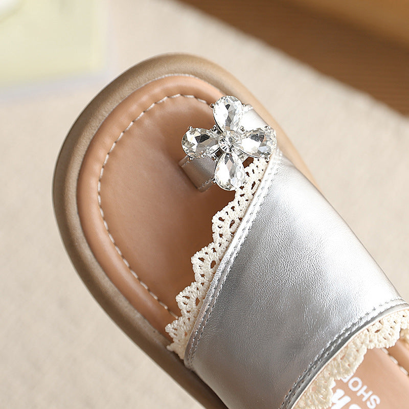 Insfrench rhinestone slippers summernew arrivalk-style girl shoes lace toe princess shoes beach sandals