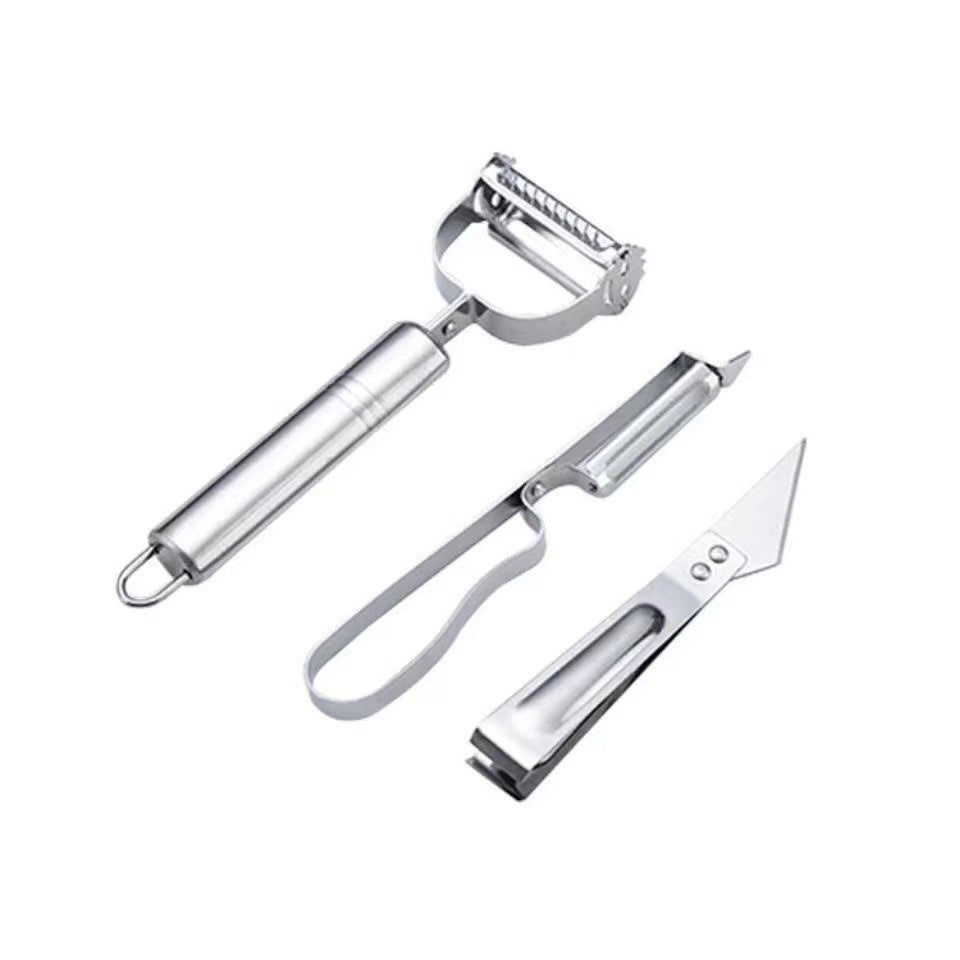 Kitchen peeler set - 3 piece multi-functional stainless steel peeler, fruit and vegetable peeler, potato peeler, and paring knife with poultry plucker and pig hair removal tool