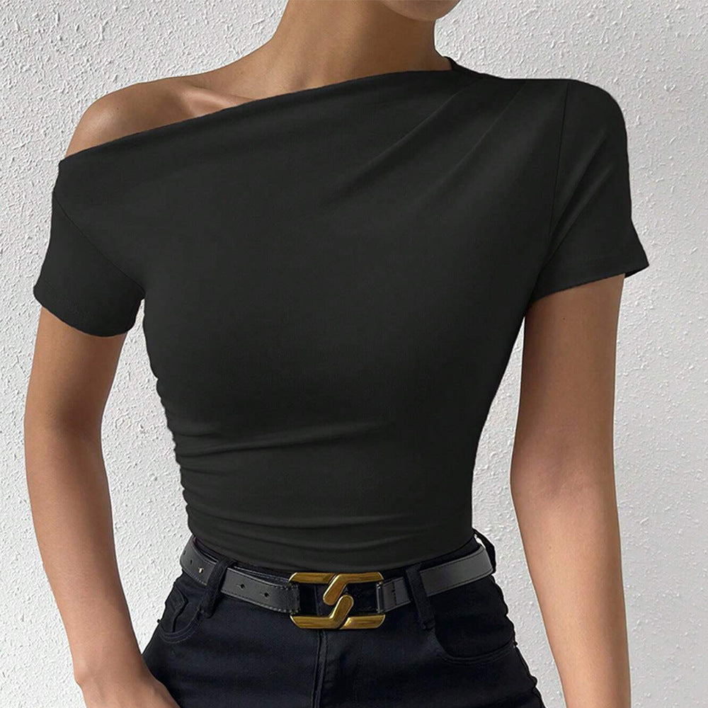 European and American  women's clothing sexy wind diagonal collar design short-sleeved T-shirt summer new slim-fit solid color pullover