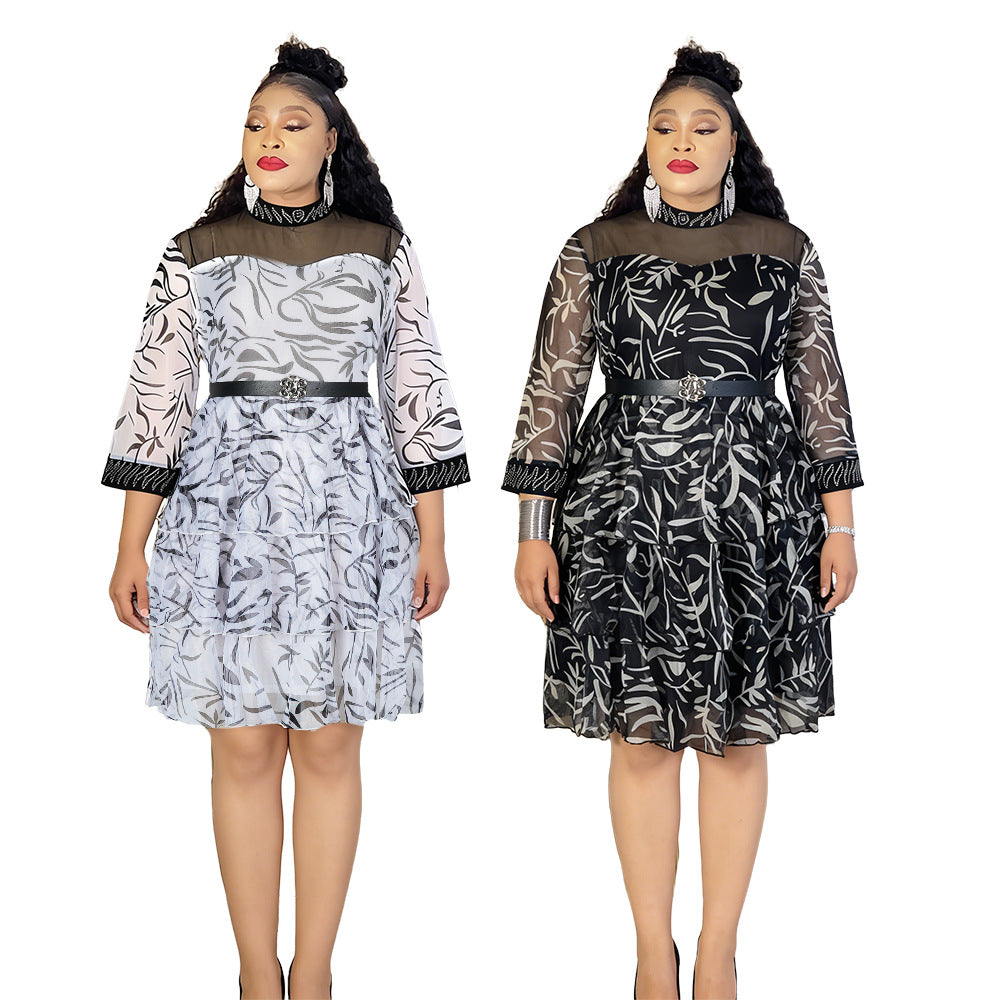 Fashionexport dress a-line skirt africanplus size women's clothing  chiffon cake skirt dress comes with belt