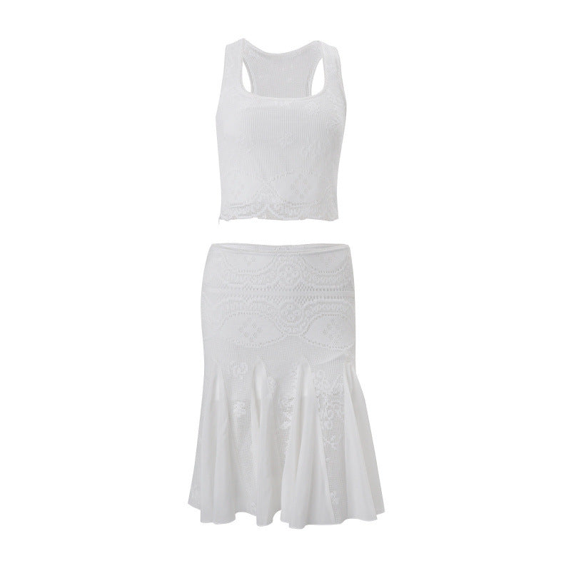 European and american style women's spring  new collection: sexy & spicy square neck crop top with versatile fishtail midi skirt set