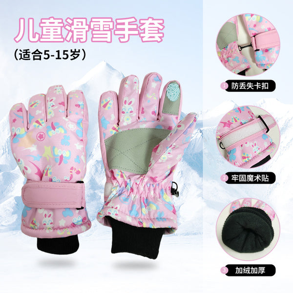 New children's ski gloves, girls thermal gloves cartoon cotton gloves velvet warm play snow baby winter