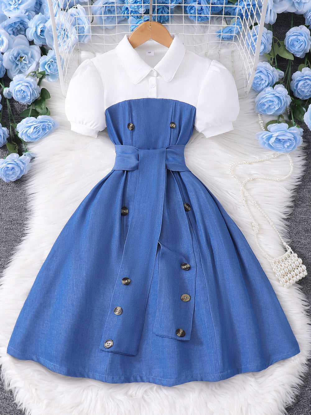 Children's short-sleeved lapel button patchworkcontrast colordress