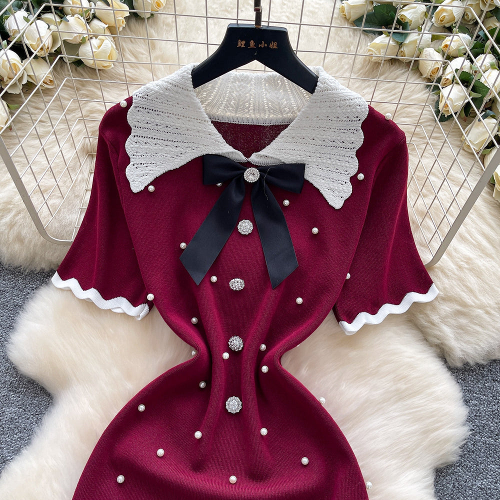 Export cross-border doll collar sweetbowsknittingdress women's summer pearl decoration waist work clothing a-line skirt