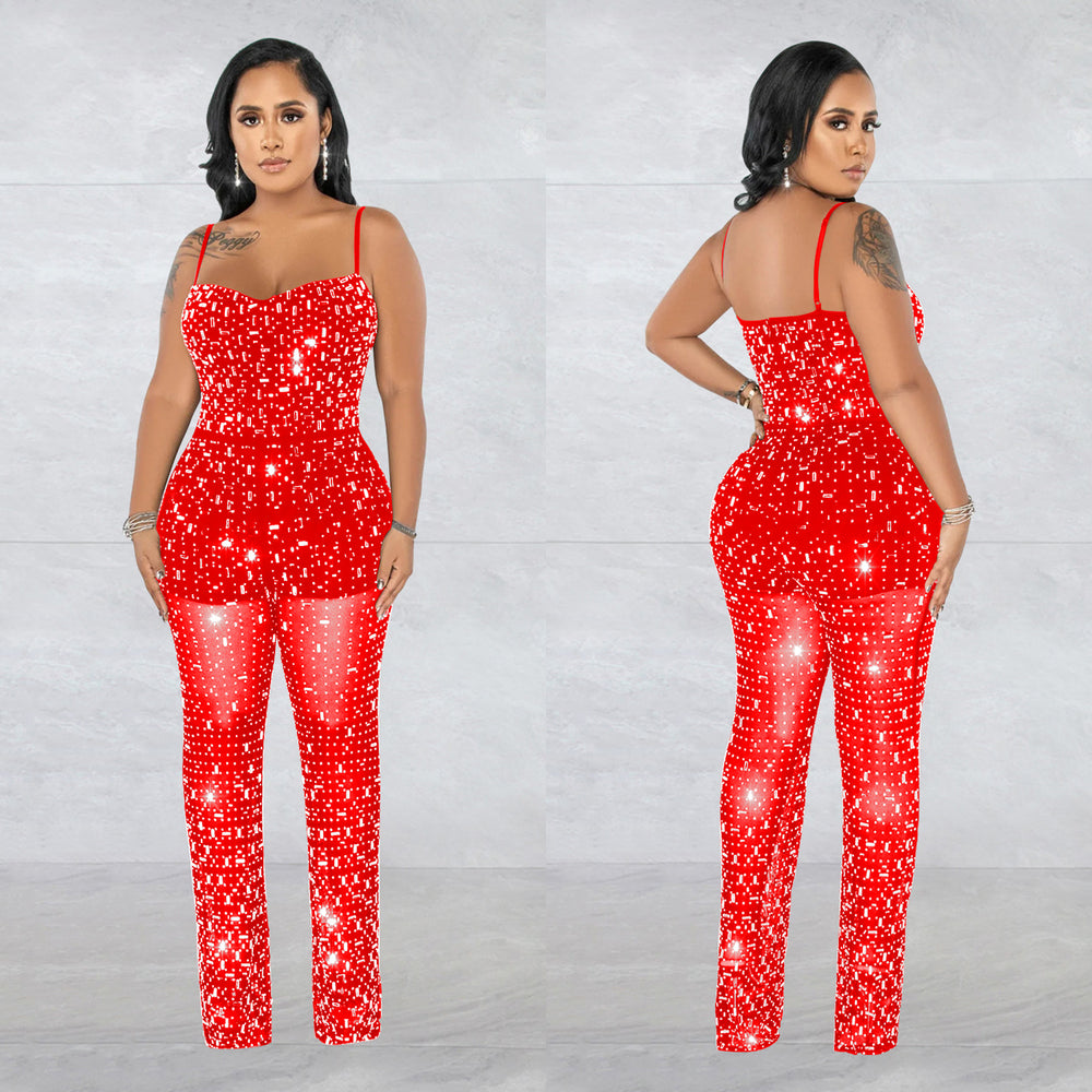 C6556 cross-border   fashion women's hot diamond mesh suspender sleeveless pants jumpsuit