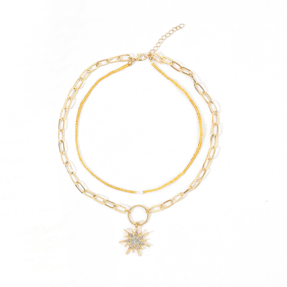 European and american cross-border sunflower pendant necklace - women's light luxury, high-end, diamond-studded geometric sweet & cool beaded choker necklace wholesale