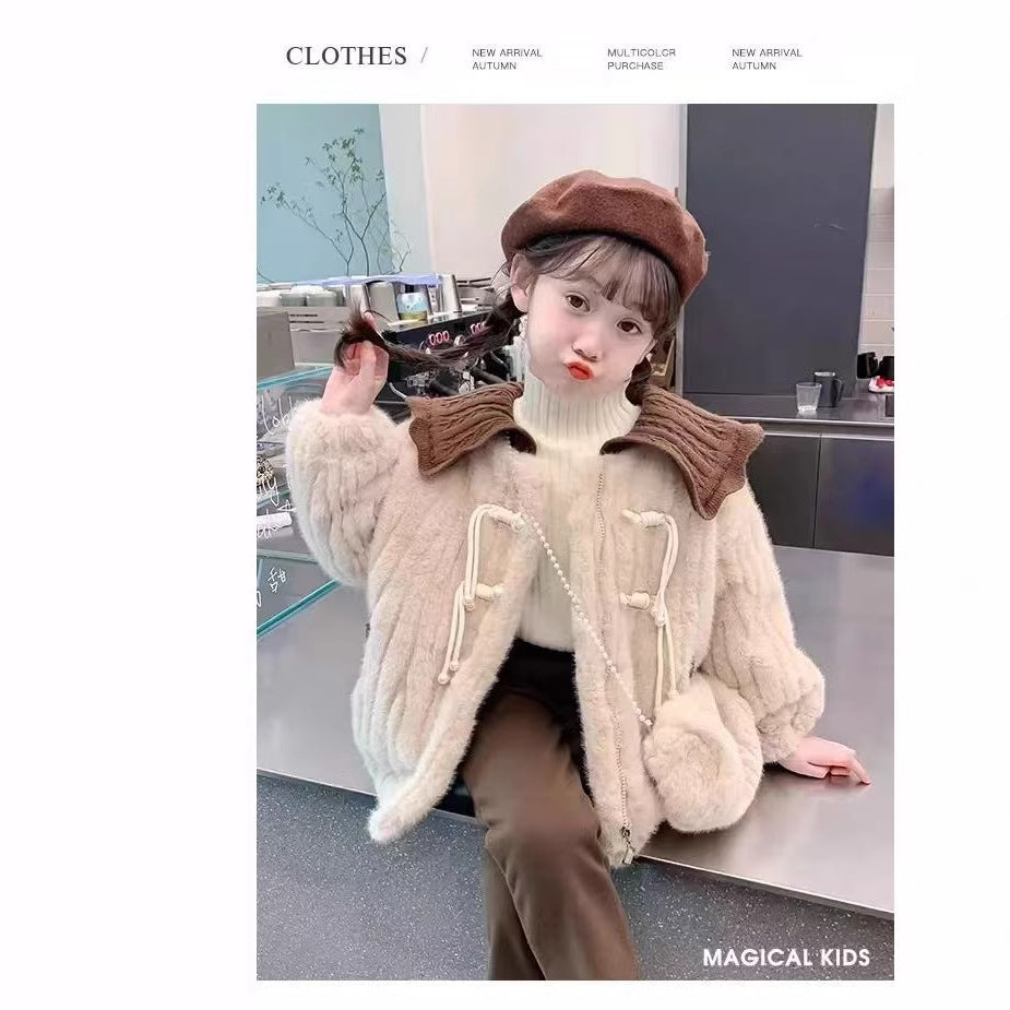 Girls' fleece-lined jacket,  new korean style children's winter outerwear, tweed-style girls' winter fleece sweater